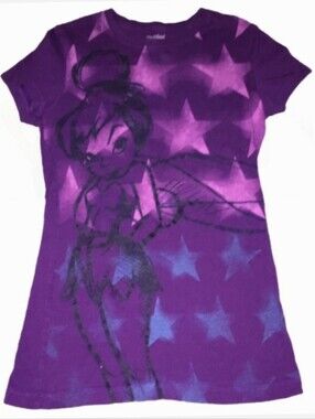 Vintage DISNEY TINKERBELL Purple Stars Cap Sleeve Crew Neck T-Shirt Jrs XS Top